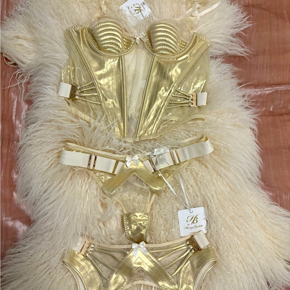 Honey Birdette Marilyn Ivory Bustier, Thong, & matching Garter.